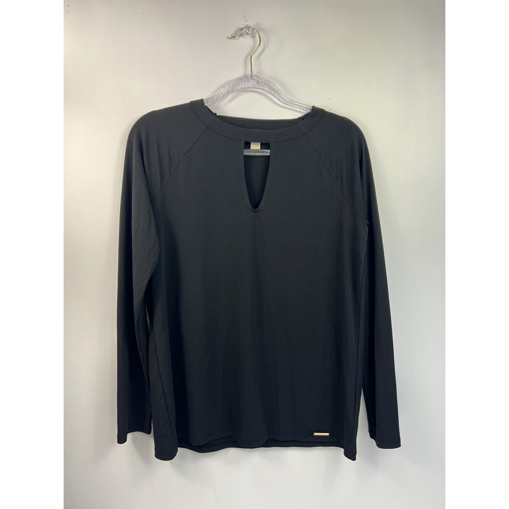 Michael Kors Blouse Women's Sz M Black Long Sleeve Keyhole High Neck Stretch